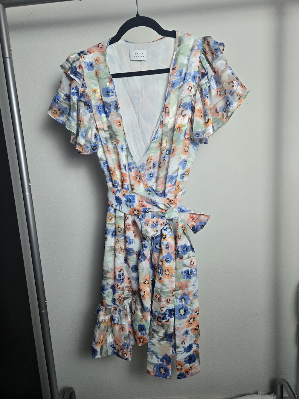 Tanya Taylor Pastel Floral Wrap Dress in Blue, Peach & Mint